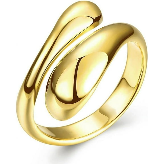 Real 18K Gold Plated Adjustable Brass Ring US Size 7 Teardrop Open Stackable Simple Statement Rings for Women & Men