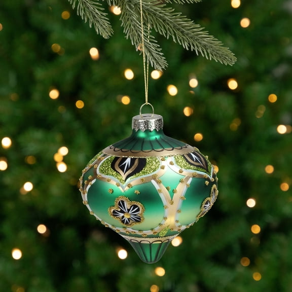 Northlight 4.5" Green Gold Black Floral Bead and Jewel Glass Onion Christmas Ornament
