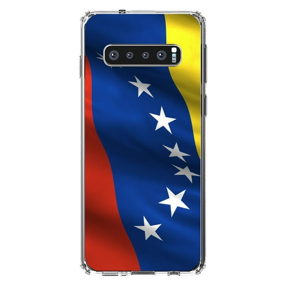 DistinctInk Clear Shockproof Hybrid Case for Samsung Galaxy S10 (6.1" Screen) - TPU Bumper, Acrylic Back, Tempered Glass Screen Protector - Venezuela Waving Flag Red Blue Yellow - Venezuela