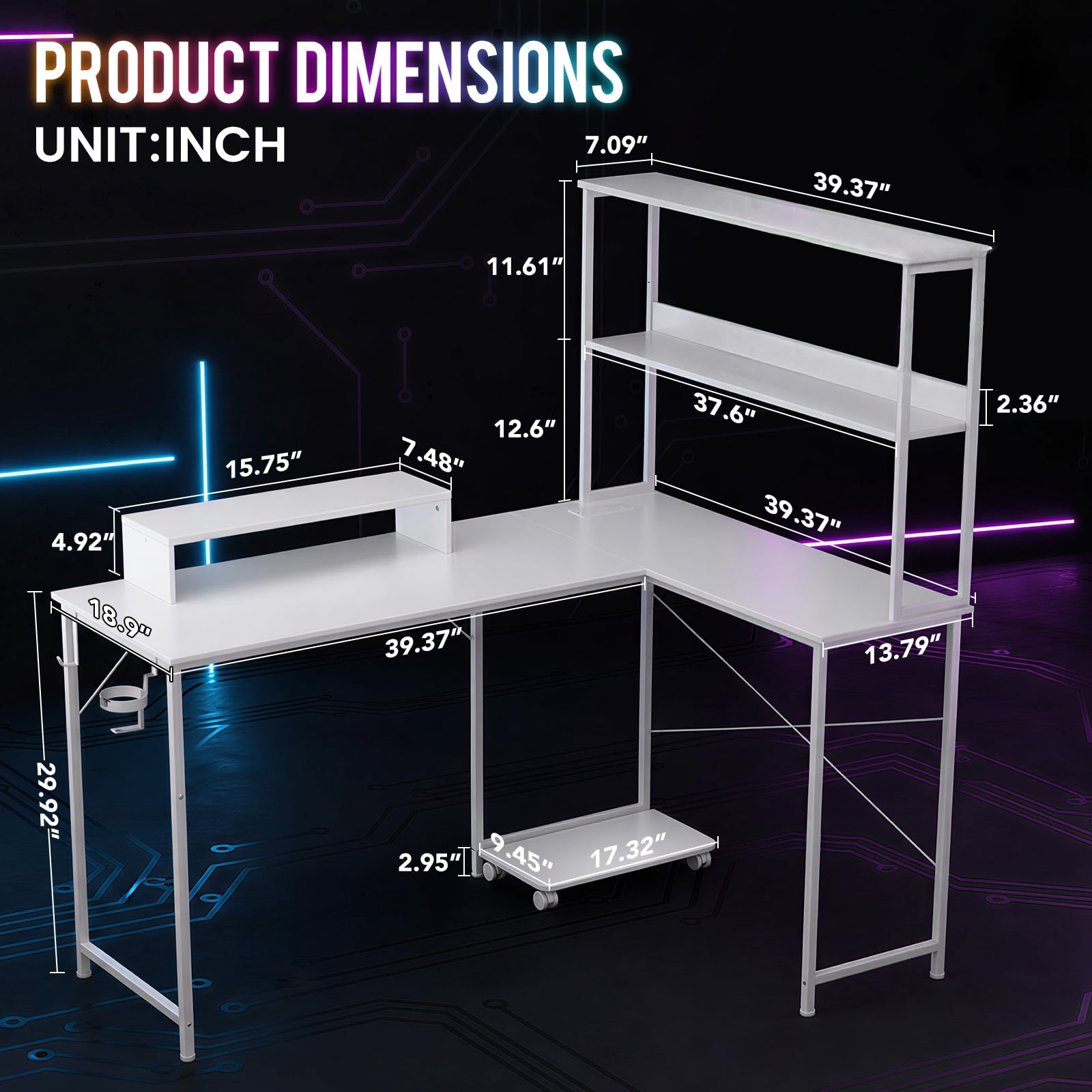 CLOUDREST PTO 53" L-Shaped Gaming Desk, Power Outlets & RGB LEDs, White