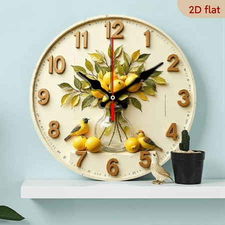 2D Flat 1pc 10Inch Wooden Lemon Bird Wall Clock - Silent Non-Ticking Modern Farmhouse Decor with Lemon Branch Birds Design, Beige Round Clock for Living Room, Bedroom, Kitchen, Office
