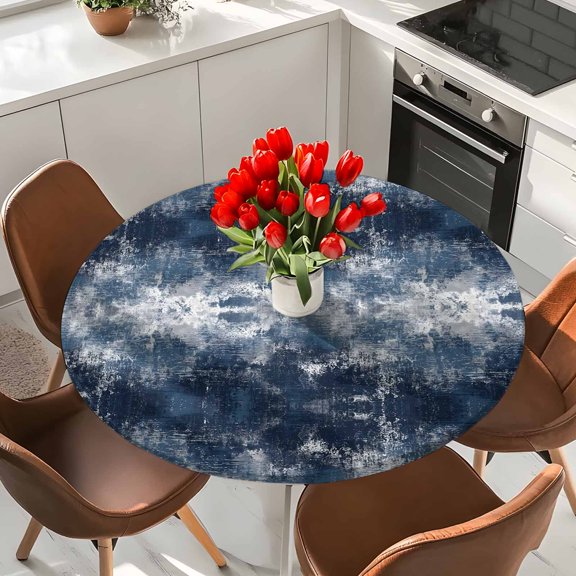 Deep Navy Blue Elastic Fitted Round Tablecloth Retro Distressed Washed Tie-dye Texture Waterproof Outdoor Table Cover for Holiday Party, Picnic, Patio & Dining Fits Tables Up to 55"-60"