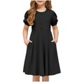 thumbnail image 3 of Girls Summer Dresses Crewneck Puff Sleeve Midi Dress Loose Fit Flowing A Line Dress with Button Decoration 5-15 Years, 3 of 5