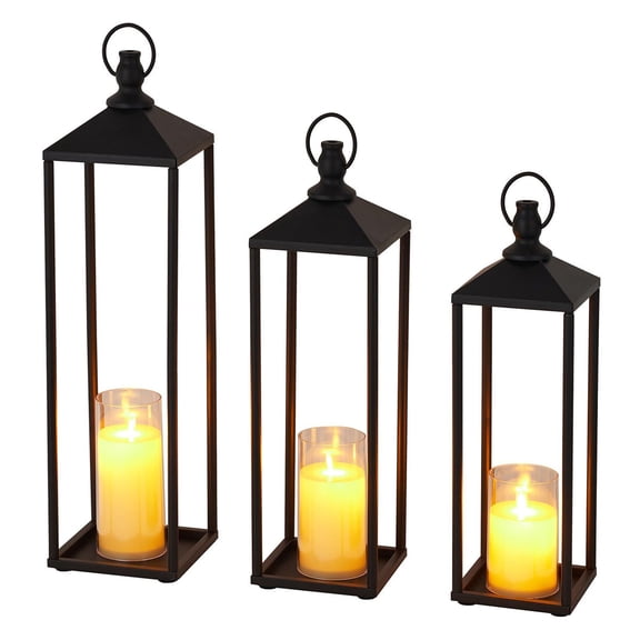 Gaderth 17" 19" 22" Large Metal Candle Lanterns Set with Flameless LED Candles, Decorative Outdoor Indoor Lanterns for Patio Porch Garden Home Floor Decor, Halloween Christmas Decorations
