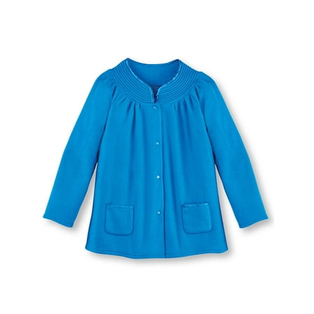Women's Soft Fleece Full Snap Front Bed Jacket with Patch Pockets and Satin Trim, Wear Over Pajamas, Medium, Royal