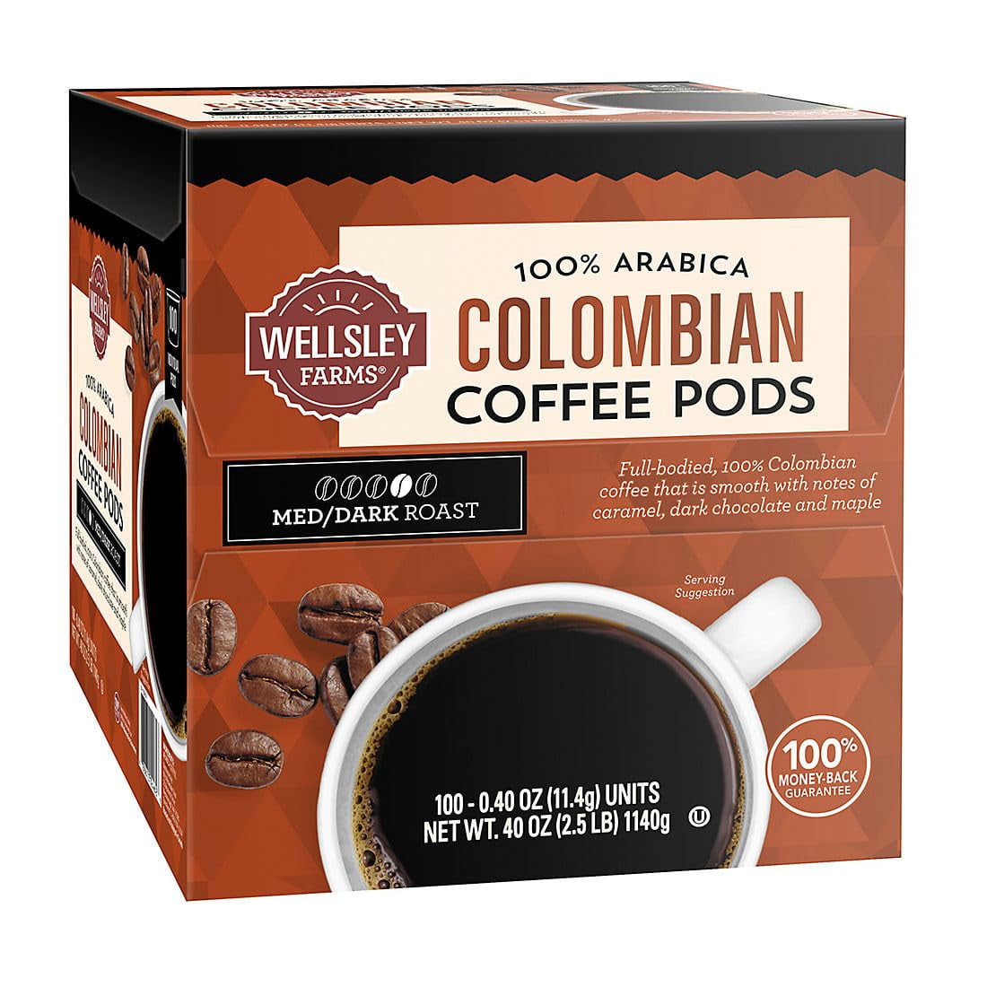 Wellsley Farms 100% Arabica Colombian Coffee Pods Medium/Dark Roast, 100 ct.