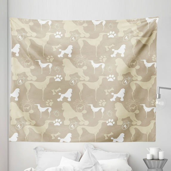 Dog Lover Tapestry, Pet Animals Accessories Leash Paw Print Bone Ornamental Abstract Illustration, Fabric Wall Hanging Decor for Bedroom Living Room Dorm, 5 Sizes, Tan White, by Ambesonne