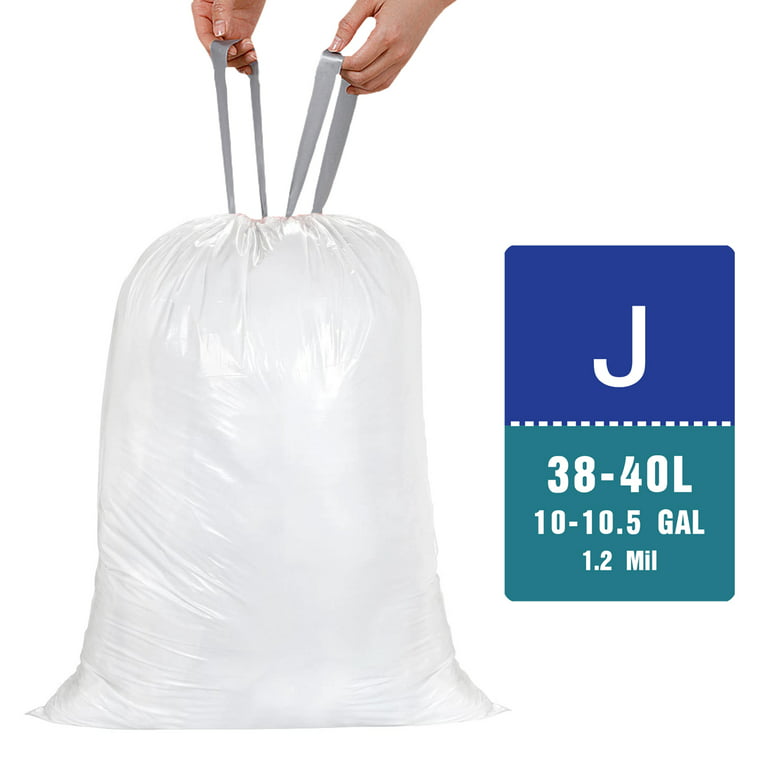 Code J (50 Count) 10-10.5 Gallon | 38-40 Liter Custom Fit Trash Bags Compatible with simplehuman Code J | White Drawstring Garbage Liners