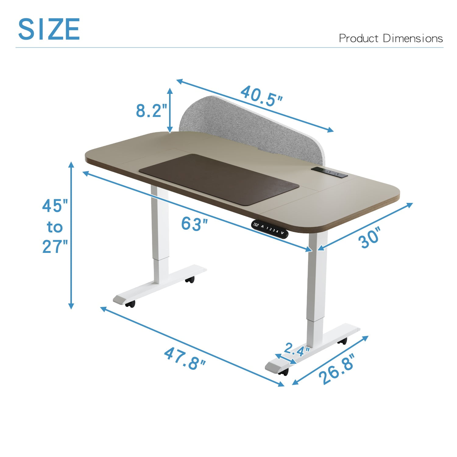 Aukfa 63" Electric Standing Desk, Height Adjustable Sit Stand Desk with Power Strip, Privacy Screen & Memory Controller,Kahaki