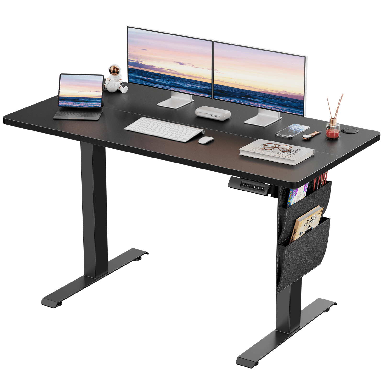 CHITOOMA Electric Standing Desk with Storage Bag, 48" x 24" Adjustable Height Sit to Stand Desk with 4 Memory Pre-Set, Headphone Hook for Home Office, Black