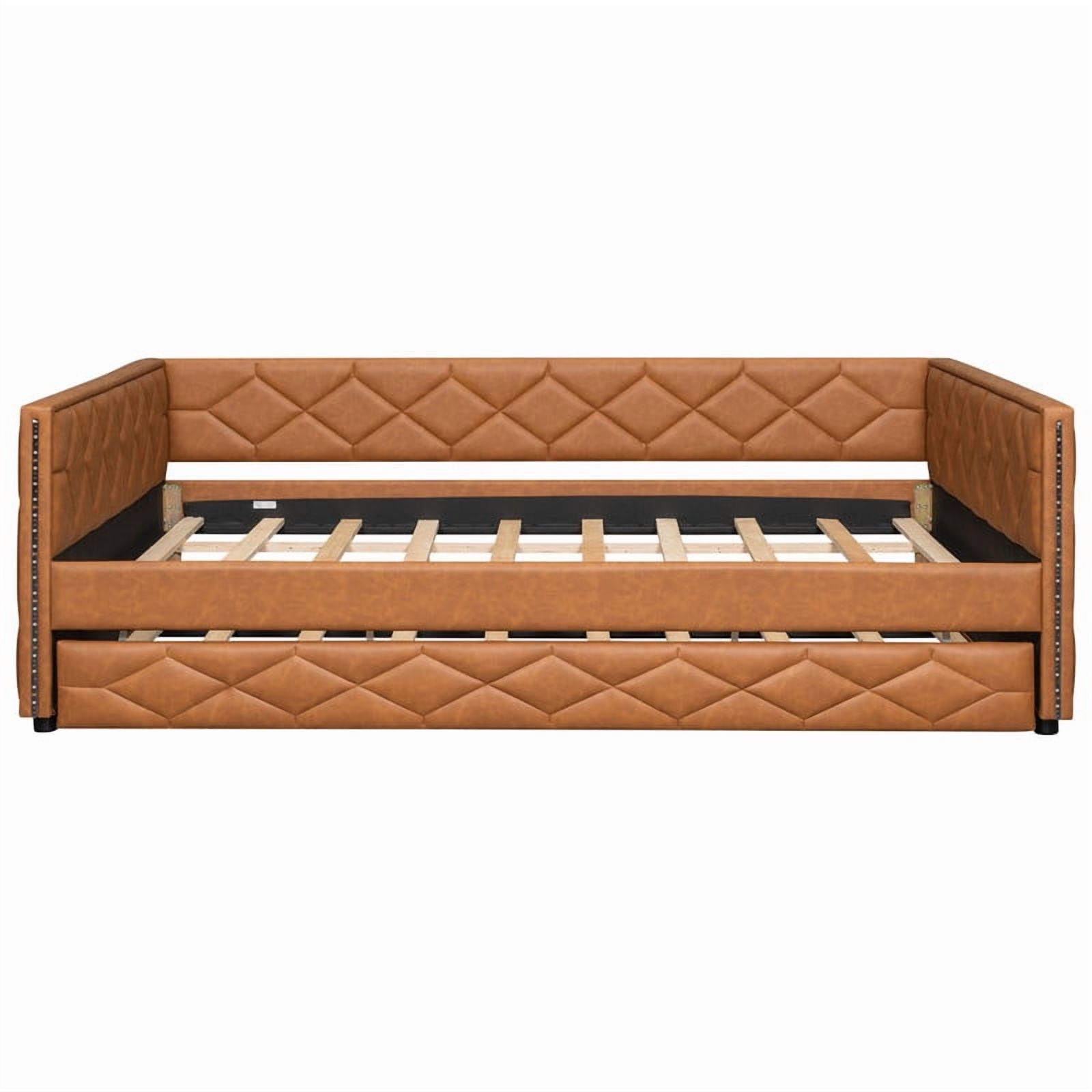 Full XL Size Faux Leather Upholstered Daybed with Twin Size Trundle, Low-Profile Sofa Bed Frame with LED Lighting Armrests