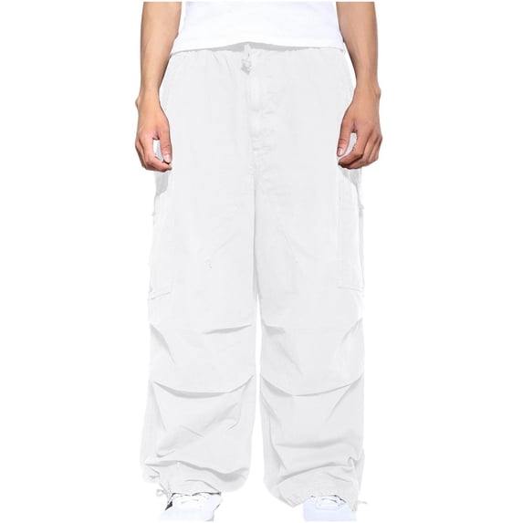 Tdoqot Mens Baggy Cargo Pants- Outdoor Straight Leg Cotton Casual Jogger Pants White