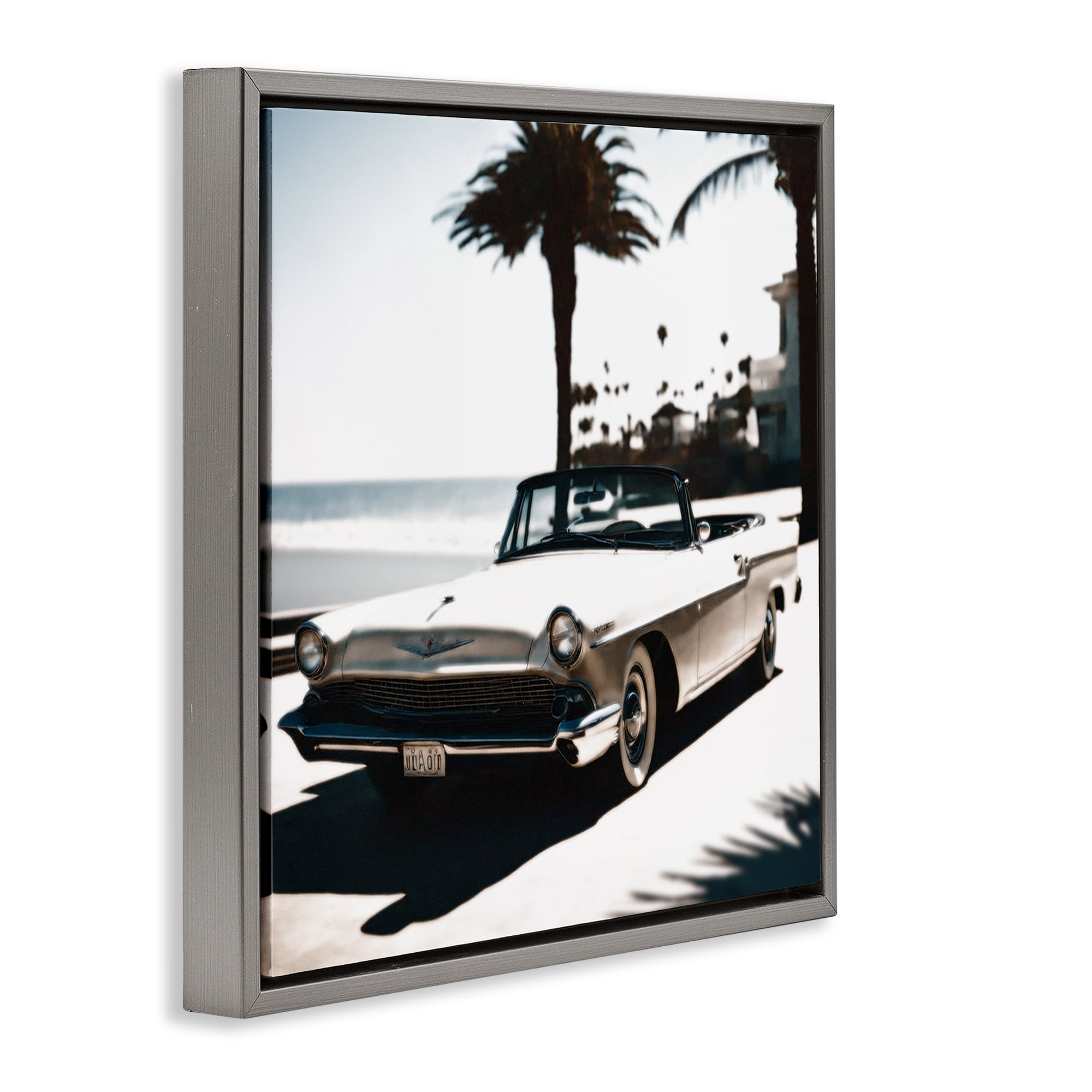 Stupell Industries California Cruise Antique Car Transportation Painting Gray Floater Framed Canvas Art Print Wall Art, 18 x 18