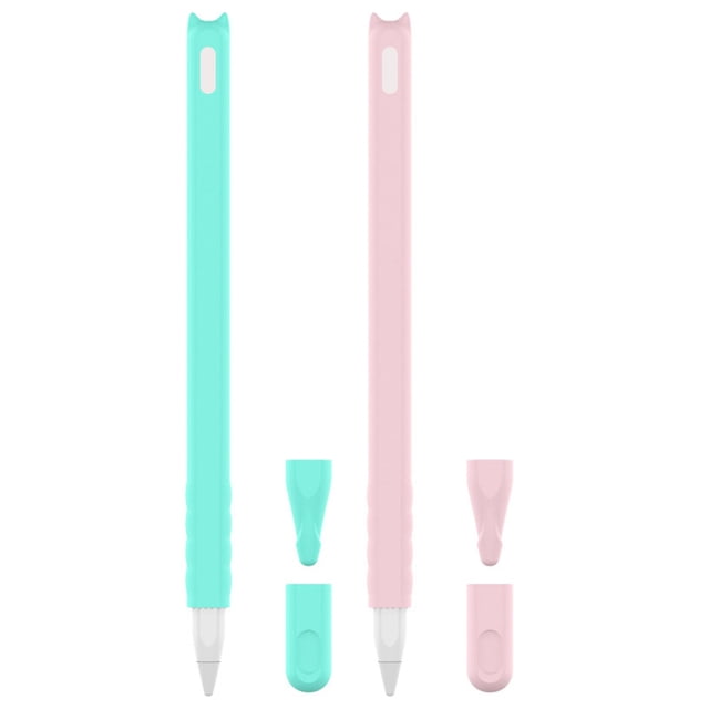 2Pcs Cartoon Cat Head Shaped Accessories Silicone Pen Combination Compatible for Apple Pencil2(Pink Blue)