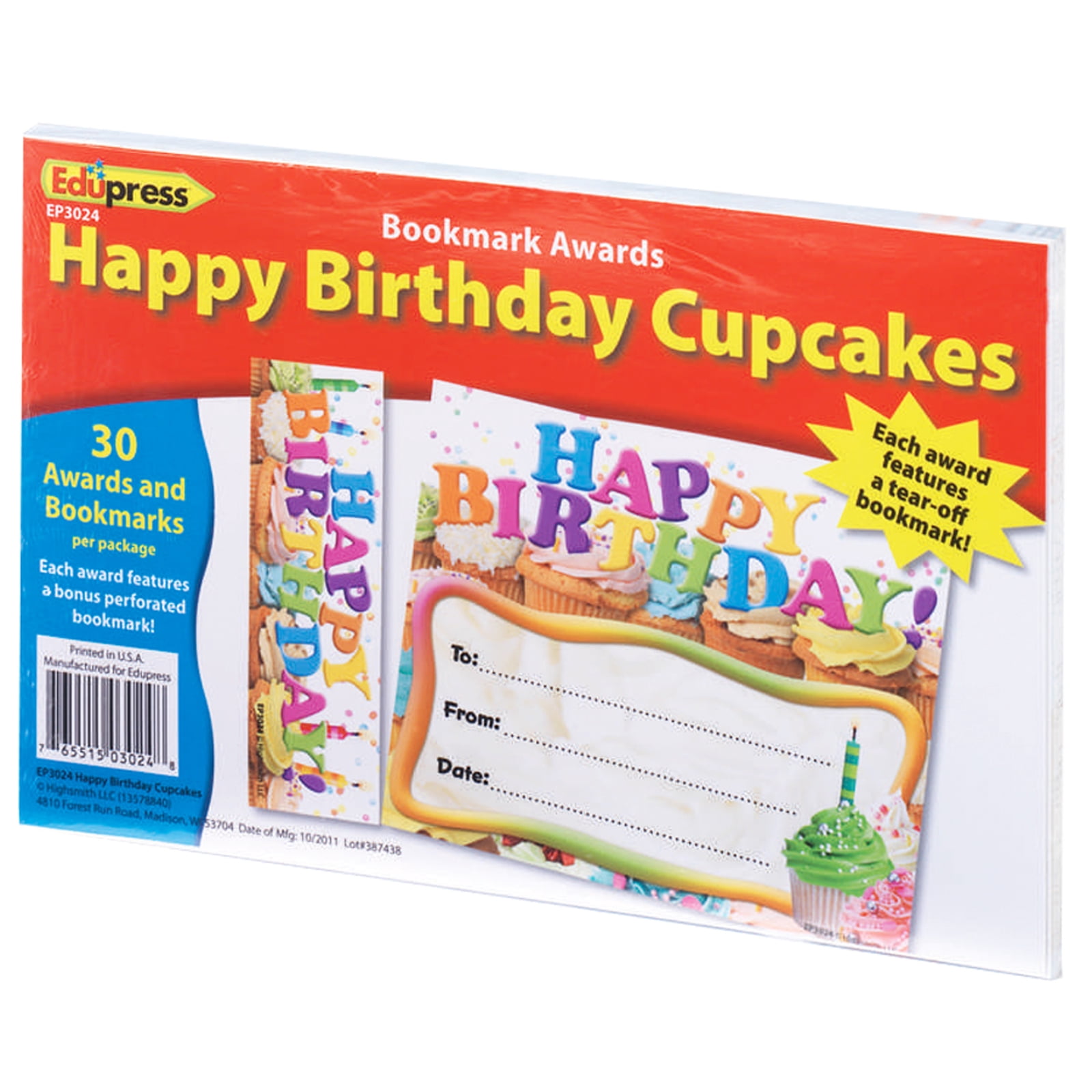 Edupress Happy Birthday Cupcakes Bookmark Awards, 30 Per Pack, 3 Packs