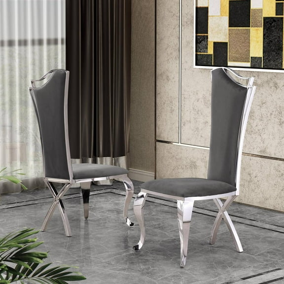 Elegant Dark Gray Velvet Side Chairs with Silver Stainless Steel (Set of 2)