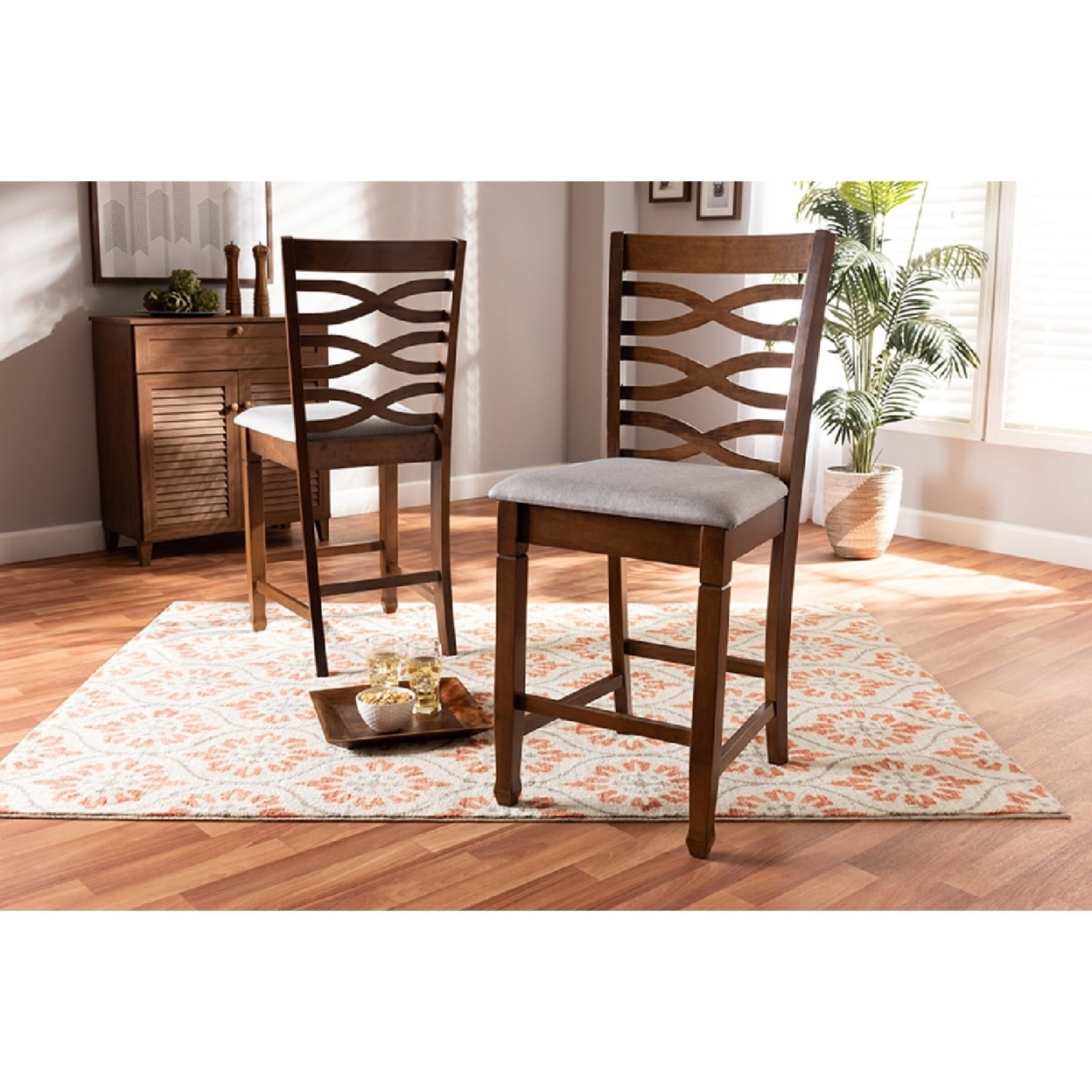 Baxton Studio Lanier Modern and Contemporary Grey Fabric Upholstered Walnut Brown Finished 2-Piece Wood Counter Height