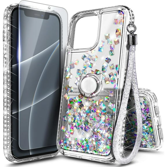 NGB SUPREMACY For iPhone 14 Phone Case Screen Protector Ring Holder Wrist Strap Lanyard Shiny Sparkly Glitter iPhone 14 Case Cover