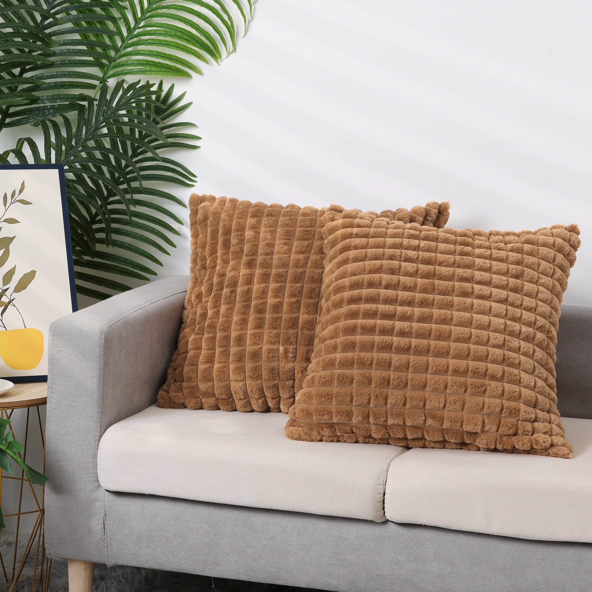 Unique Bargains 4 Pcs Checkered Faux Fur Plush Throw Pillow Covers Home Decor Pillowcases Brown 20" x 20"