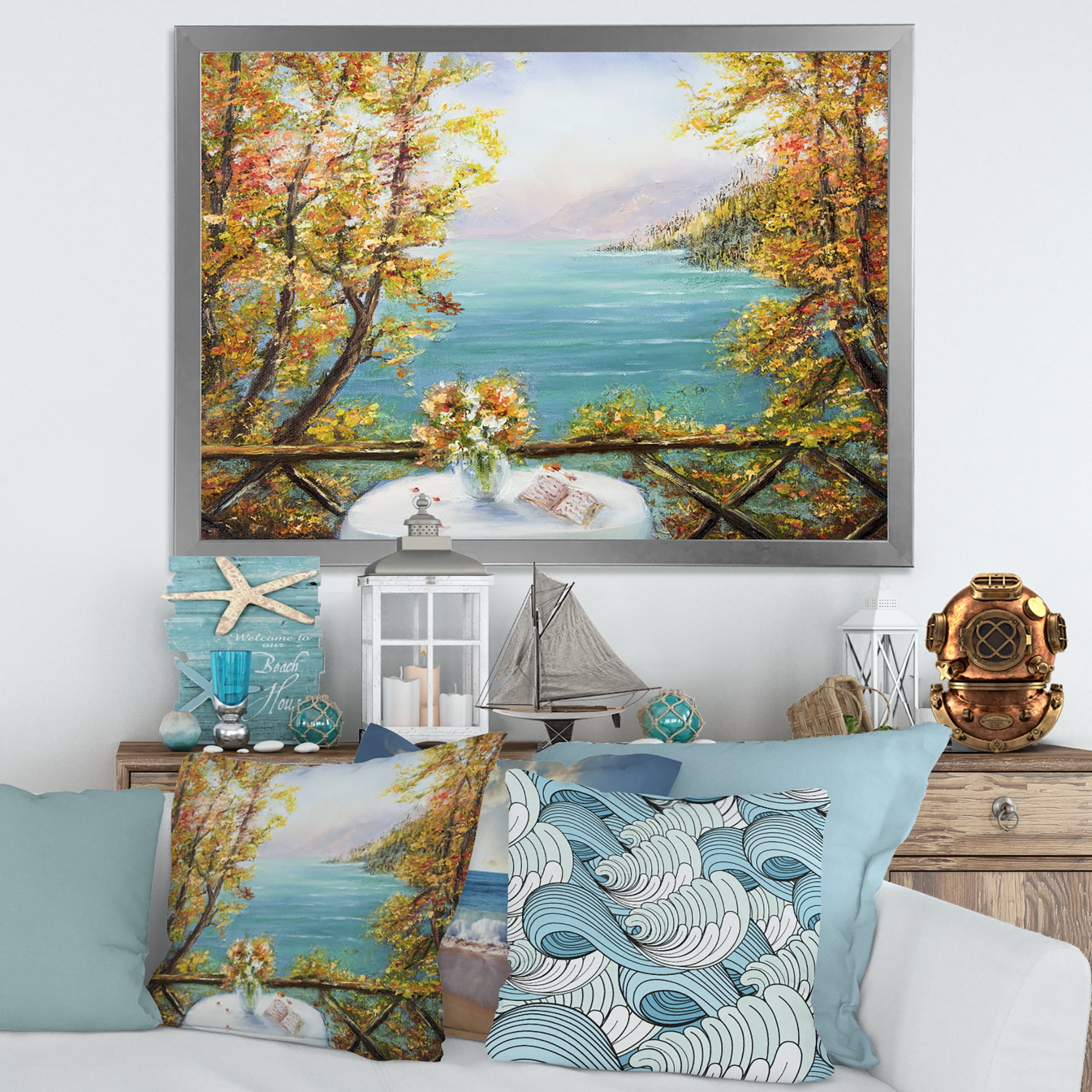 Designart 'The Blue Ocean View From Terrace' Nautical & Coastal Framed Art Print