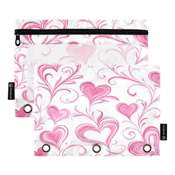 2 Pack 3 Ring Binder Pouch with Clear PVC Window Water Resistant Zipper Pencil Pouch Whimsical Heart Tendrils Binder Pocket for Classroom Office Home Stationery Organization