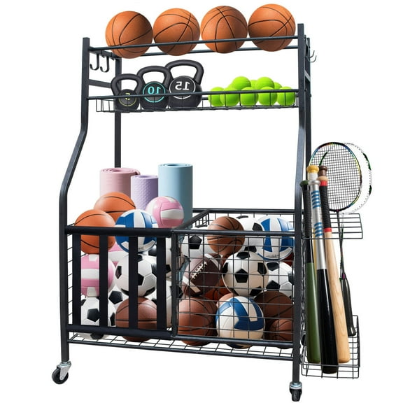 Heavy-duty Ball Storage Rack Organizer in Black Steel with Lockable Wheels for Garage Gym and Outdoor Sports Use