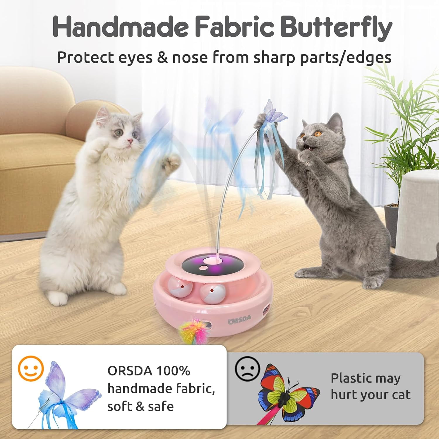 ORSDA 3-in-1 Cat Toys Rechargeable, Interactive Cat Toys for Indoor Cats Automatic Kitten Toy, Moving Ambush Feather, Fluttering Butterfly Toy, Track Balls, Whack a mole Cat Teaser with 11 Attachments