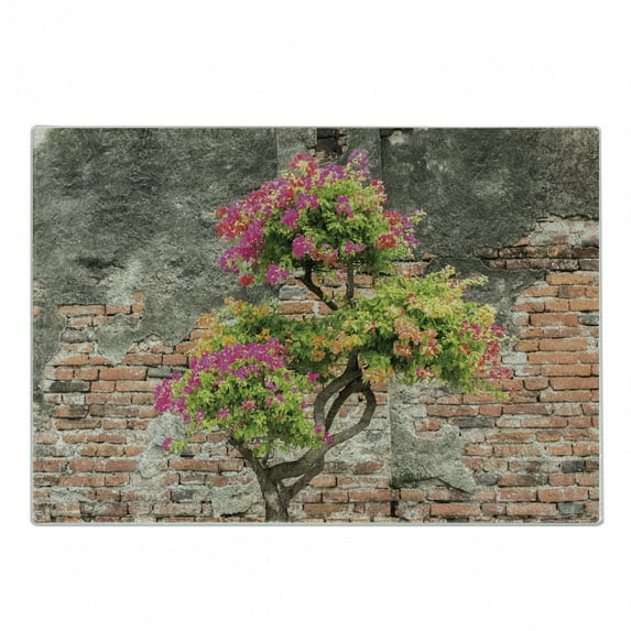 Brick Wall Cutting Board, Fresh Little Tree with Fuchsia Flowers in Front of Cracked Wall Hope Dream Theme, Decorative Tempered Glass Cutting and Serving Board, Small Size, Multicolor, by Ambesonne