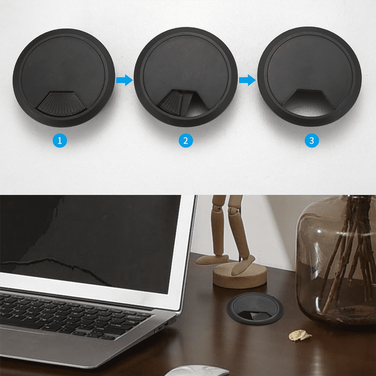 20-Pack Cable Grommet Desk, Cable Pass-Through, 60mm Plastic Cable Cover with 1 X Hole Saw, Black Cable Outlet Round