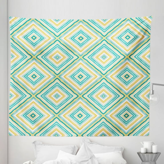 Aqua Tapestry, Square Rhombus Lines with Torn Paper Effect Pattern in Fresh Spring Colors, Fabric Wall Hanging Decor for Bedroom Living Room Dorm, 5 Sizes, Turquoise Yellow White, by Ambesonne