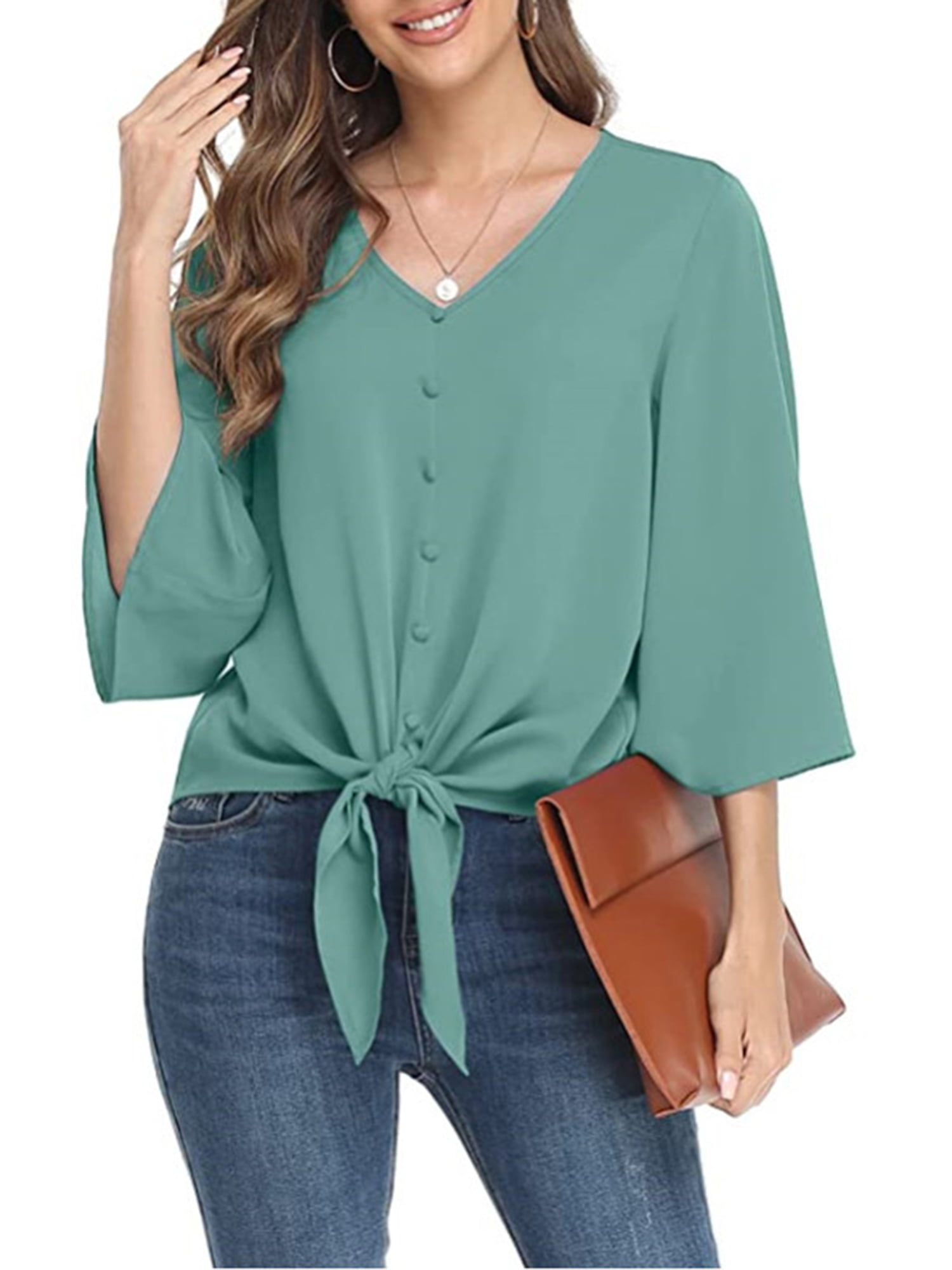 BLENCOT Women's V-Neck 3/4 Sleeve Shirt Mesh Panel Blouse Loose Solid Color Button Front Tops Blouse