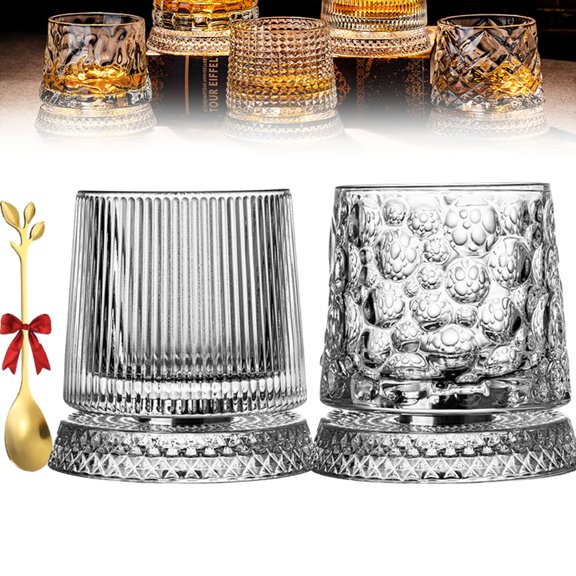2027 New Whisky Spinning Glasses, 360 Degree Rotating Whiskey Glasses with Spinning Base, Crystal Rotatable Tumbler Glass Cups for Bourbon, Rum & Cocktails