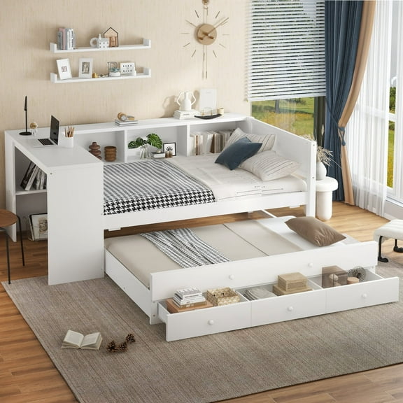 [Luckynote]Twin Size Daybed with Trundle, Wood Day Bed Frame with Storage Drawers and Side Shelves, Daybed with Desk, No Spring Box Needed, White