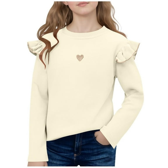 Ugoldhm Girls 1-10 Years Ruffle Long Sleeve T-Shirt, Cotton Crewneck Blouse with Love Print