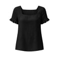 thumbnail image 4 of QUNYINEY Black Women T Shirts Cotton Linen Short Sleeve Summer Tunic Tops Loose Fit Casual Ruffle Square Neck Pullover Shirts, 4 of 7
