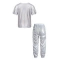 thumbnail image 2 of Eandarui Kids 2 Piece Dance Outfit Shorts Sleeve Shiny Metallic Round Neck T-shirt with Pant Set Jazz Silver 140, 2 of 5