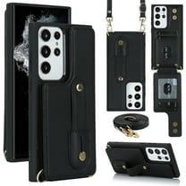 ELEHOLD Samsung Galaxy S23 Ultra Wallet Case, Flip Card Slots Magnetic Button Kickstand Function Non-Slip Wristband Crossbody Shoulder Strap for Samsung Galaxy S23 Ultra Fashion Leather Case,Black