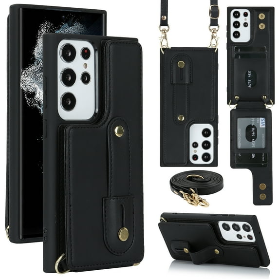 ELEHOLD Samsung Galaxy S23 Ultra Wallet Case, Flip Card Slots Magnetic Button Kickstand Function Non-Slip Wristband Crossbody Shoulder Strap for Samsung Galaxy S23 Ultra Fashion Leather Case,Black