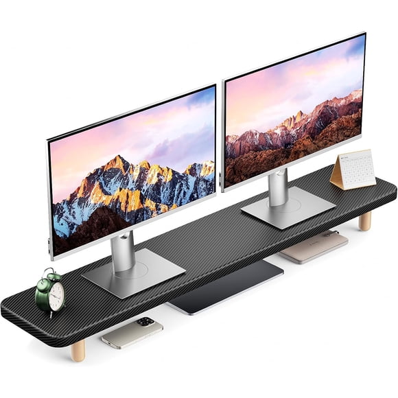 39 Inch Dual Monitor Stand Riser Extra Long Wooden Desktop Riser with Storage for 2 Monitors Ultra Strong Desk Shelf Organizer for Laptop PC TV Printer Black