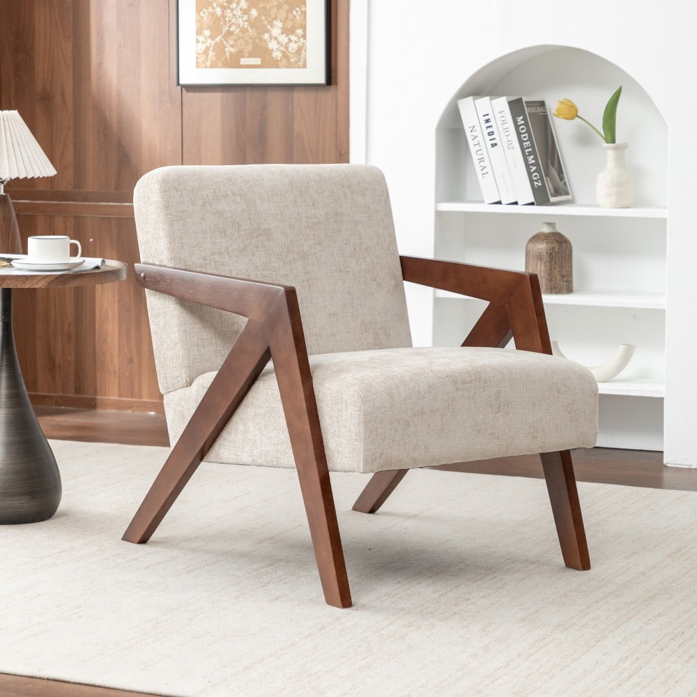Mid Century Modern Accent Chair, Upholstered Reading Armchair with Rubber Wood Frame, Soft Fabric, Curved Arms for Living Room, Bedroom & Office, Greige