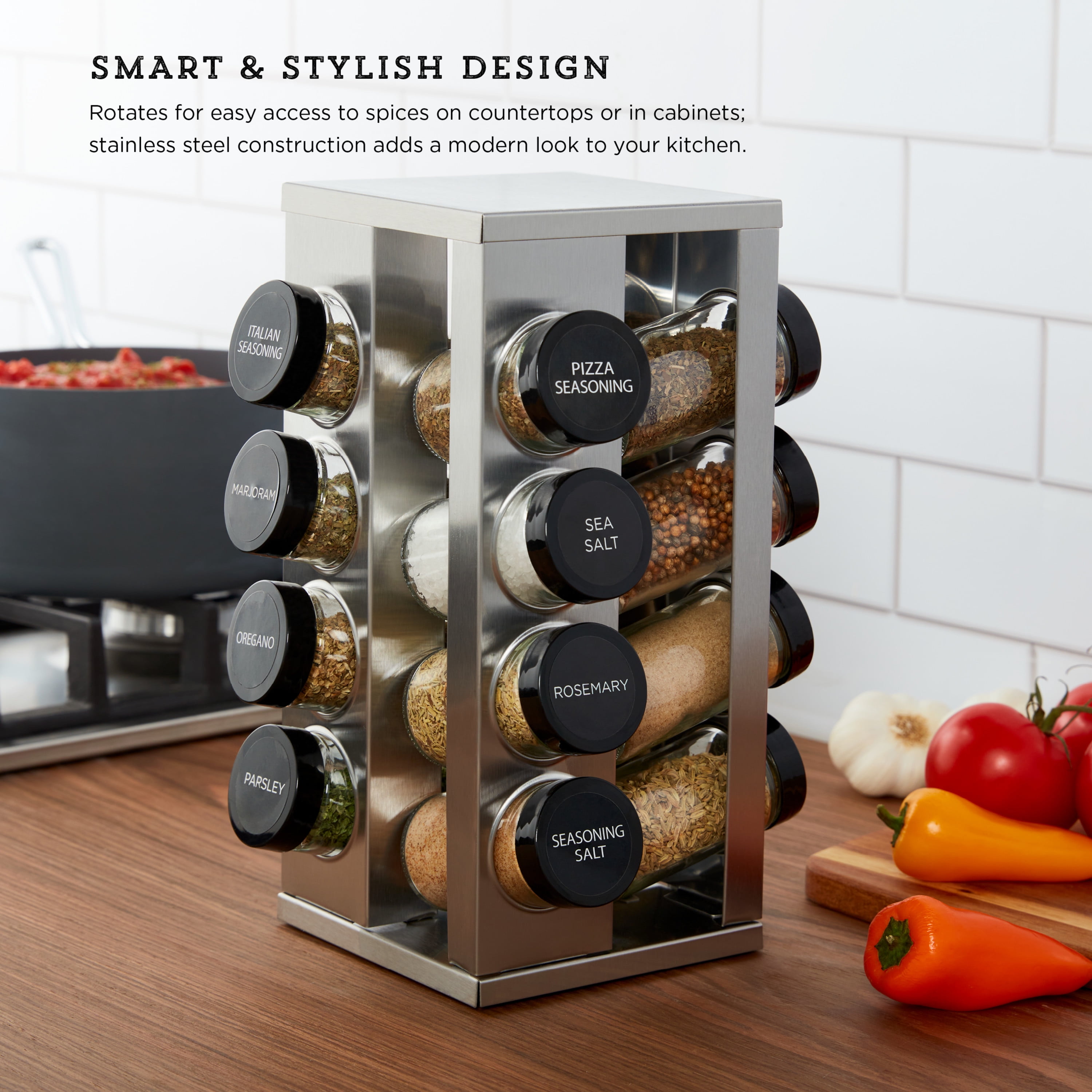 16 Jar Ellington Revolving Countertop Spice Rack with Lift & Pour Caps and  Spices Included, FREE Spice Refills for 5 Years: Black and Chrome