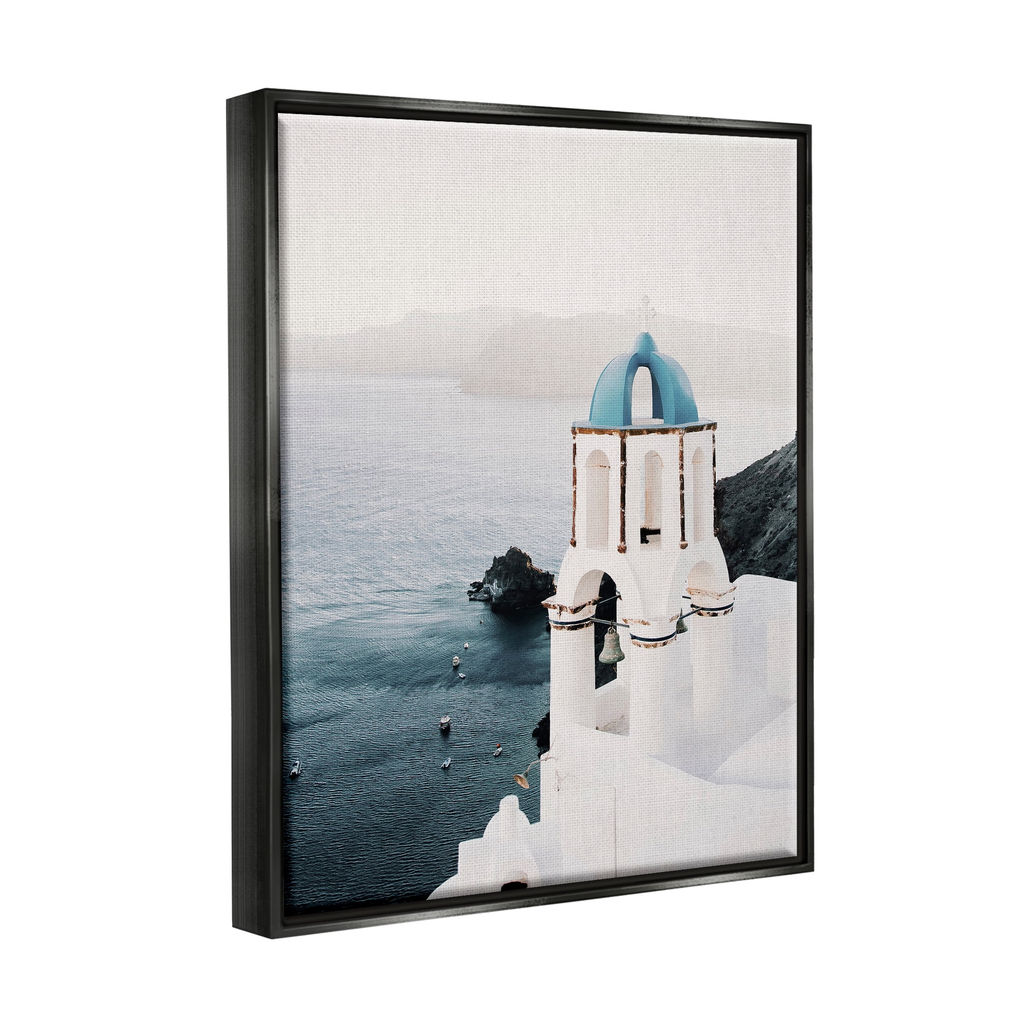 Stupell Industries Santorini Bell Tower Landscape Photography Black Floater Framed Canvas Art Print Wall Art, 17 x 21
