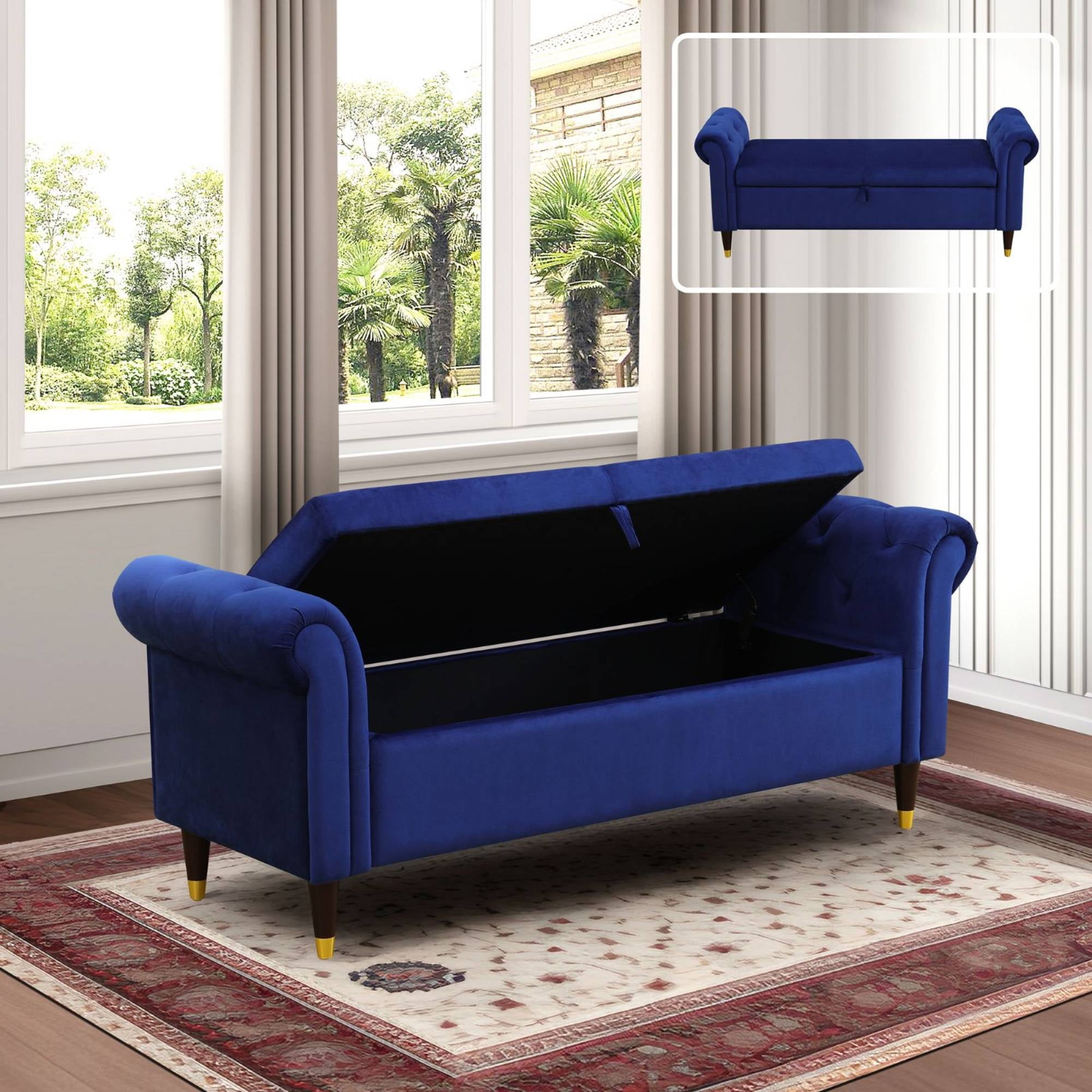 Storage Ottoman Bench, Tufted Upholstered End of Bed Bench with Rolled Arms, Large Hidden Storage Bench for Bedroom, Entryway & Living Room, Blue