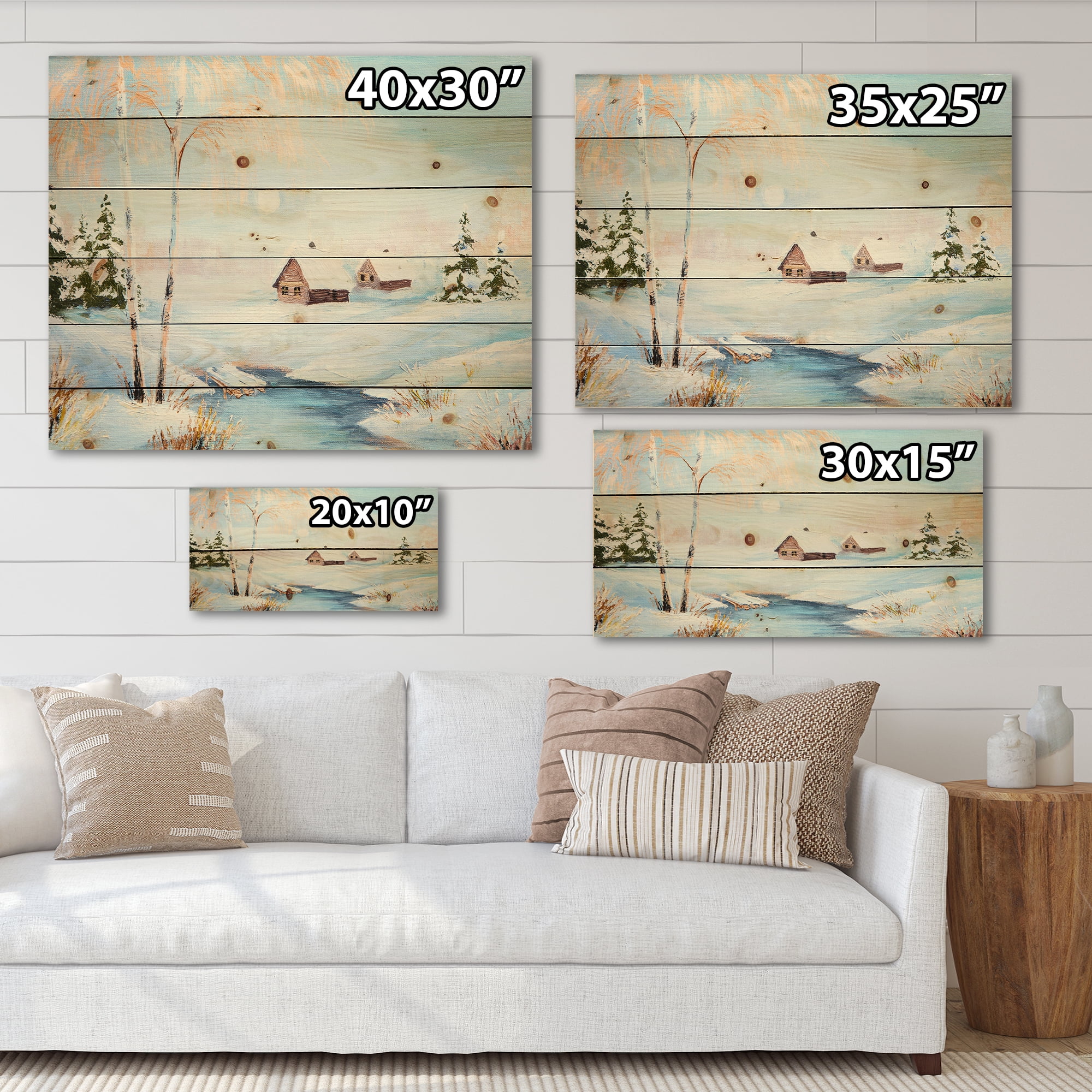 Designart 'Frozen River In The Forest Winter Landscape' Lake House Print on Natural Pine Wood