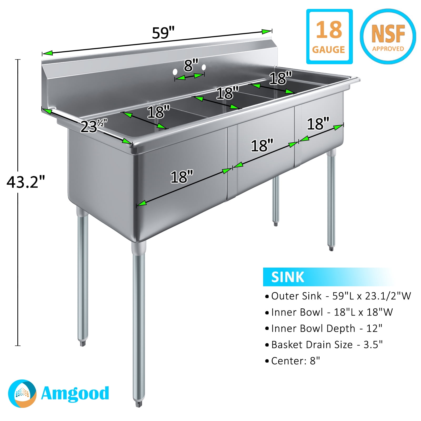 18″ x 18″ x 12″ Three Compartment Stainless Steel Commercial Kitchen Prep & Utility Sink | NSF