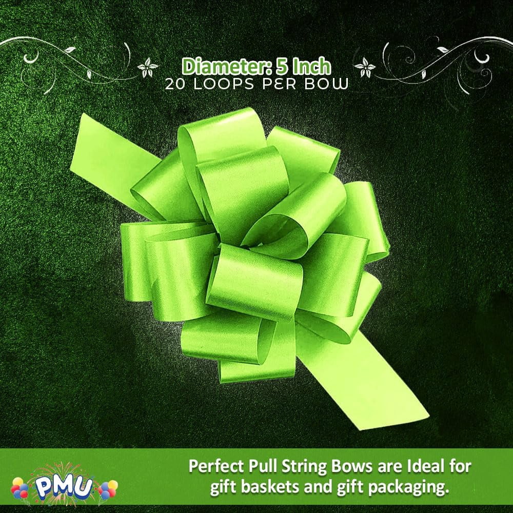 PMU Pull String Bows - Gift Bows for Wedding, Birthdays & Anniversaries - Ribbon Bows for Flowers & Basket Decoration - Large Bow for Gift Wrapping - 5 Inch 20 Loops Lime Green- (50/pkg) Pkg/1