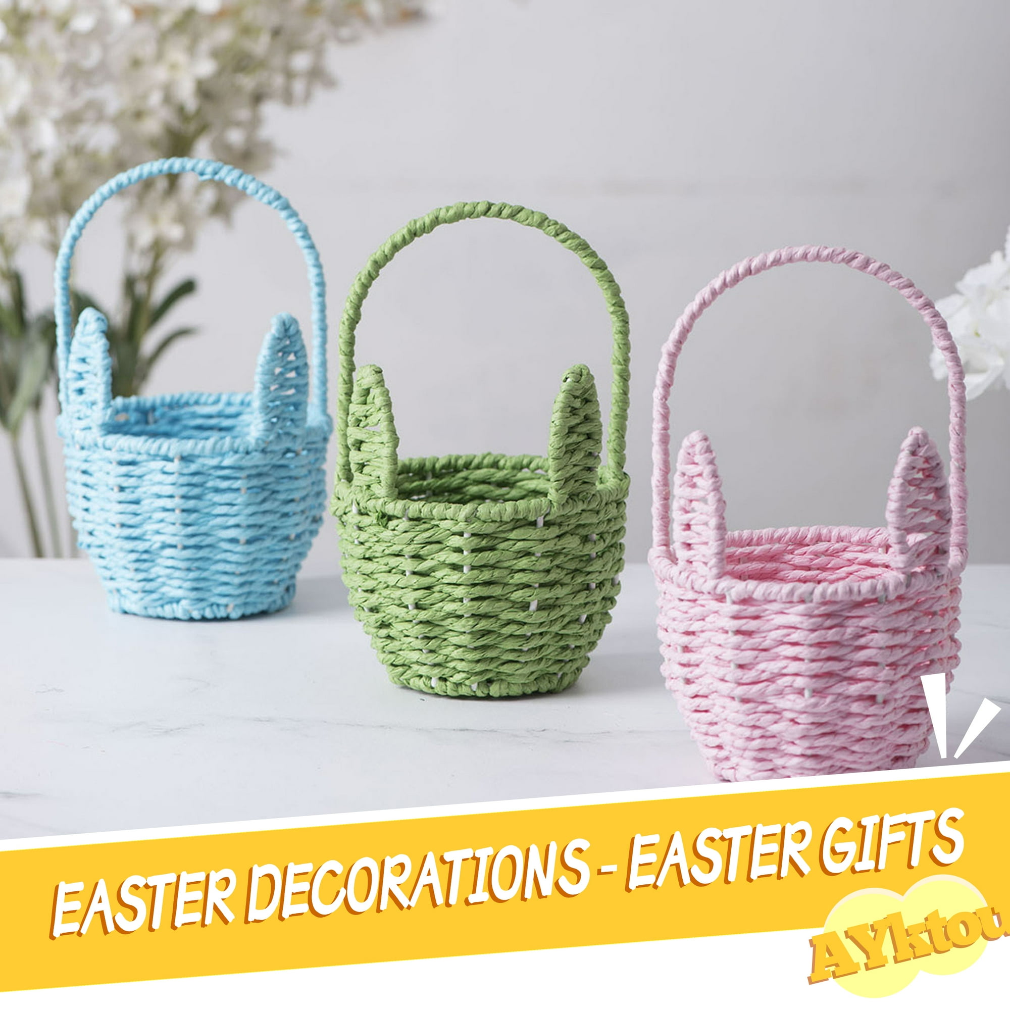 AYktou Easter Basket-Wicker Easter Basket with Handle Woven Easter Basket Stuffers Goodies Bags for Teens Toddler Easter Eggs Easter Gift Bags for Kids Easter Decorations