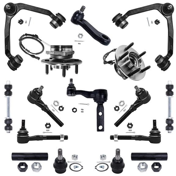 Detroit Axle - Front 16pc Suspension Kit 4WD Ford F-150 2000 2001 2002 2003, Wheel Bearing Hubs Upper Control Arms Lower Ball Joints Sway Bars Tie Rods Pitman Idler Arms Adjusting Sleeves