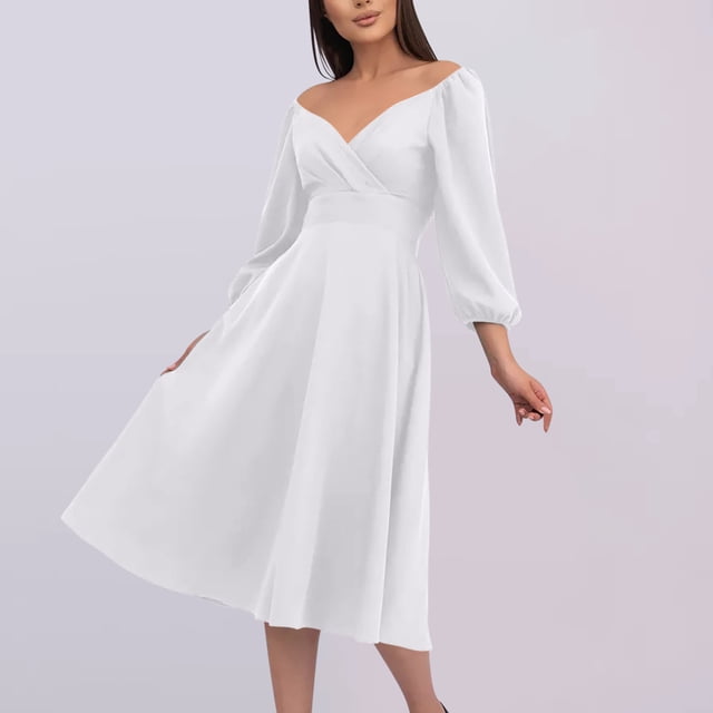 50 % de Réduction! Robes de Soirée pour Femmes, Robe de Soirée à la Mode Col en V Taille Cintrée avec Poches Manches Longues Blanche m