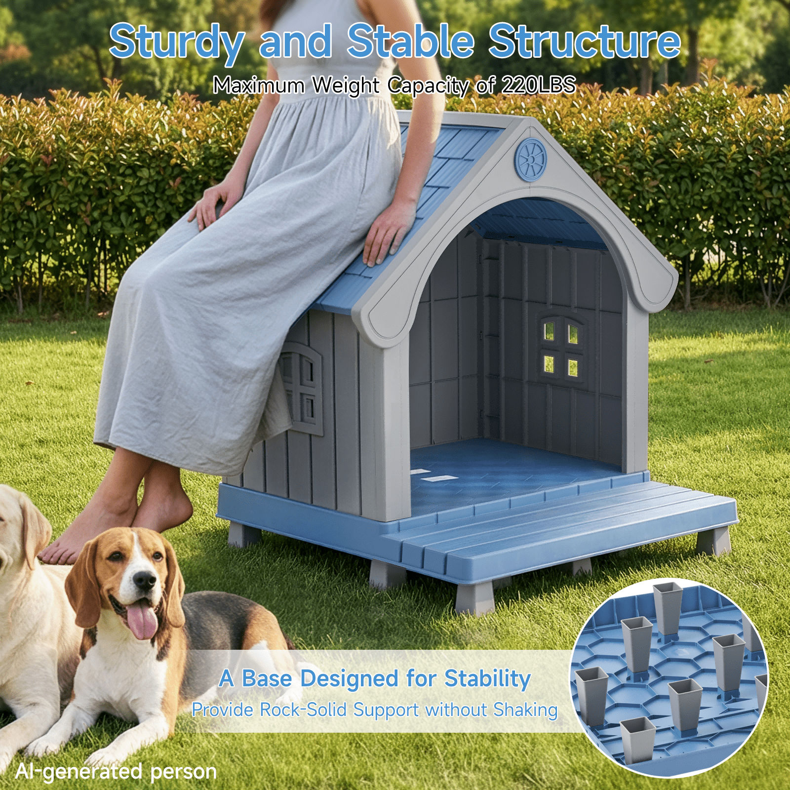 Dovov Plastic Dog House with Elevated Floor and Air Vents, Waterproof Doghouse Indoor Outdoor Dog Kennel with Porch, Large Puppy Shelter, Blue Gray
